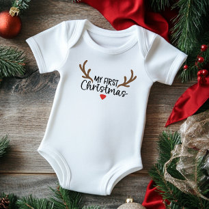 My First Christmas Typography Simple Deer Antlers Baby Bodysuit