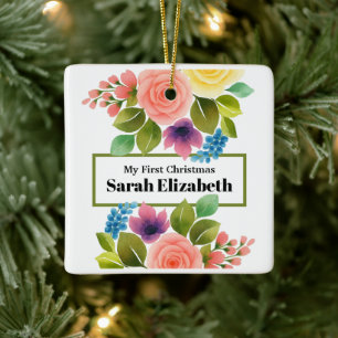 My First Christmas Vibrant Floral Ceramic Ornament