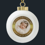 My First Christmas White Personalised Baby Photo  Ceramic Ball Christmas Ornament<br><div class="desc">Elegant 'My First Christmas' ornament with your baby girl's photo, her full name, and the year of her birth. Elegant white shaped text against a gold brushed faux metallic background. Simply upload your photo and move it around for your placement. Create a close in photo of your baby's face. Replace...</div>