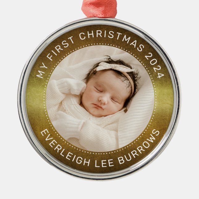 My First Christmas White Personalised Baby Photo  Metal Tree Decoration (Front)