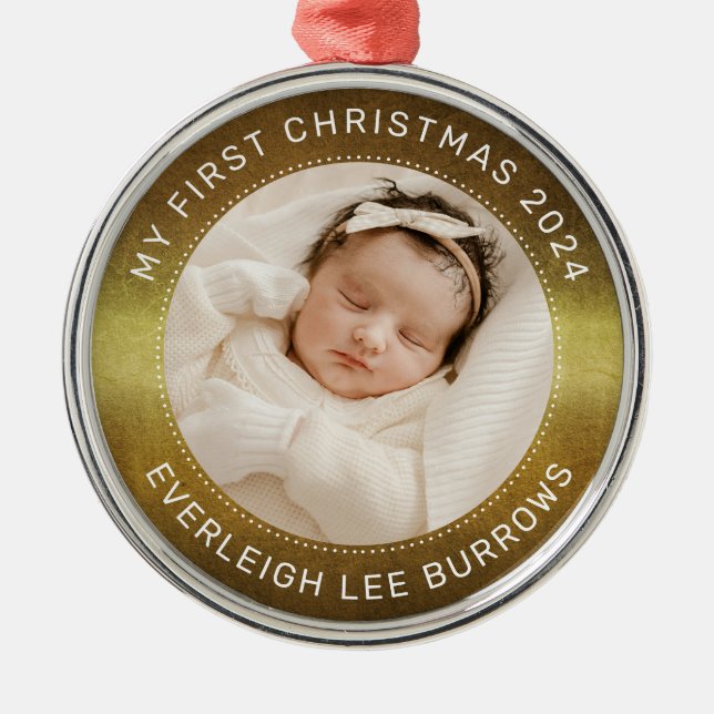 My First Christmas White Personalized Baby Photo  Metal Tree Decoration (Front)