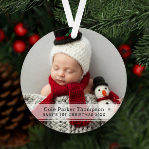 My First Christmas White Stripe Custom Baby Photo Ornament
