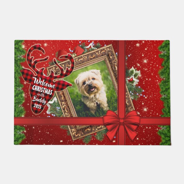 My First Christmas With Gold Frame Red Bow Photo Doormat (Front)