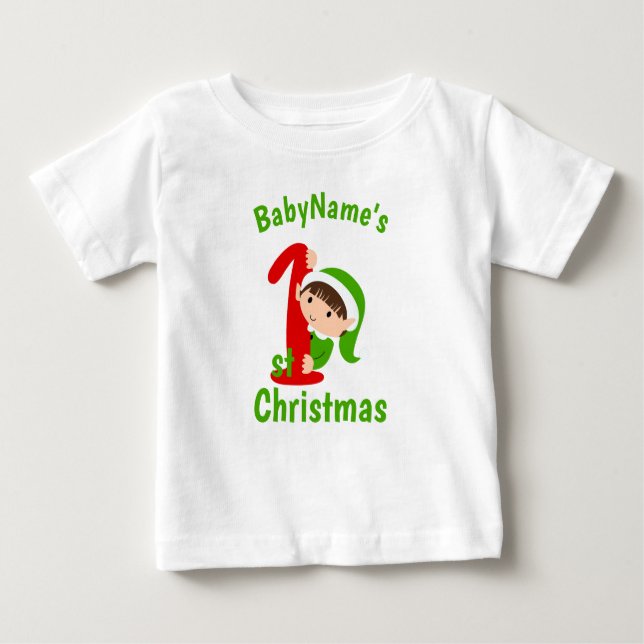 My First Christmas with name cute green elf Baby T-Shirt (Front)