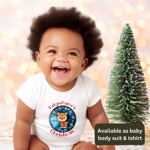 My First Christmas with name cute reindeer bleu Baby Bodysuit