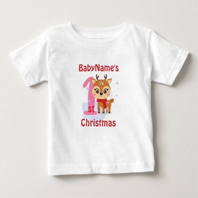 My First Christmas with name cute reindeer girl Baby T-Shirt (Front)