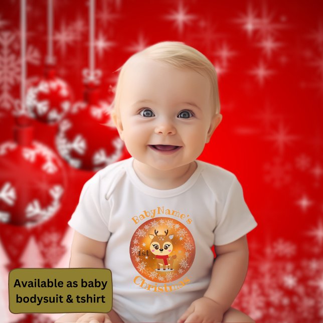 My First Christmas with name cute reindeer gold Baby Bodysuit (Creator Uploaded)