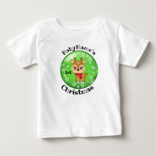 My First Christmas with name cute reindeer green Baby T-Shirt