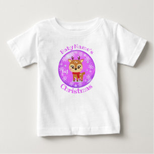 My First Christmas with Name Cute Reindeer Purple Baby T-Shirt