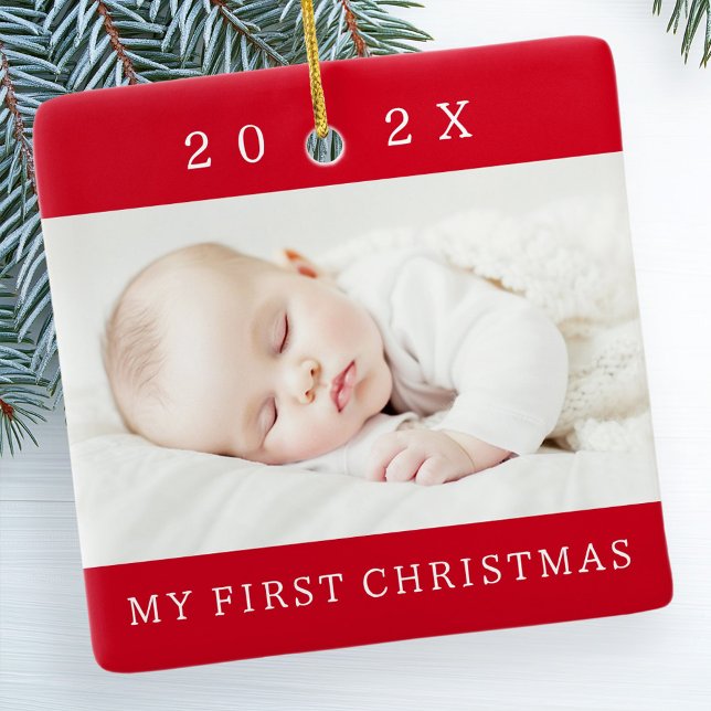 My first Christmas year modern photo red Ceramic Ornament (My first Christmas year modern photo red Ceramic Ornament)