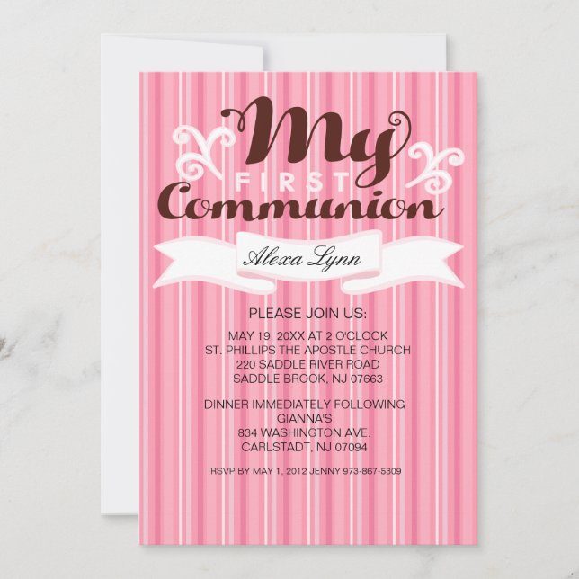 My First Communion Girls Striped Invitation (Front)