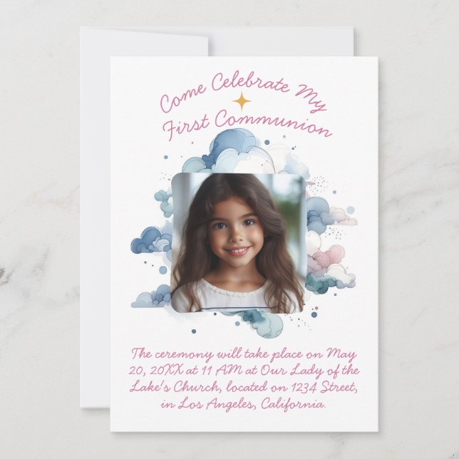 My First Communion Watercolor Clouds Invitation (Front)