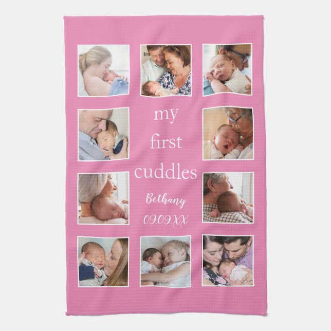 My First Cuddles 10 Photo Name Newborn Pink Tea Towel (Vertical)