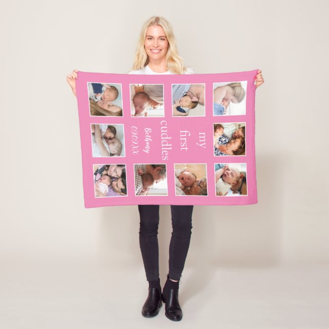My First Cuddles Name 10 Photos Newborn Pink Fleece Blanket (In Situ)