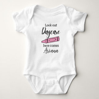My First Day of Daycare, Pink Glitter Crayon Baby Bodysuit