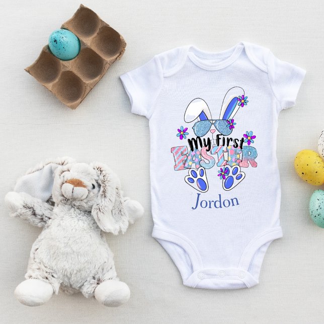 My First Easter Cute Blue Bunny Customisable Baby Bodysuit (Creator Uploaded)
