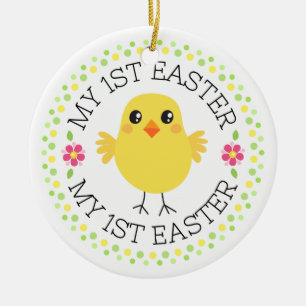 My first Easter cute chicken dot border Ceramic Tree Decoration