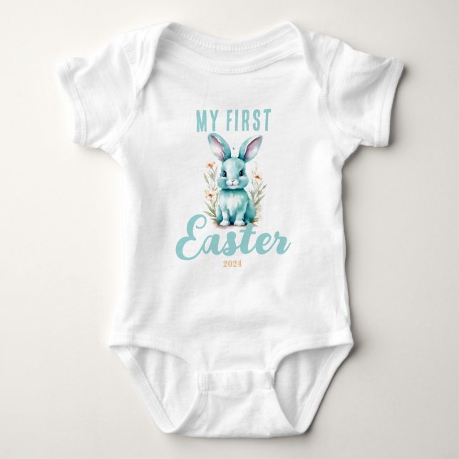 My First Easter Cute Turquoise Blue Bunny Keepsake Baby Bodysuit (Front)