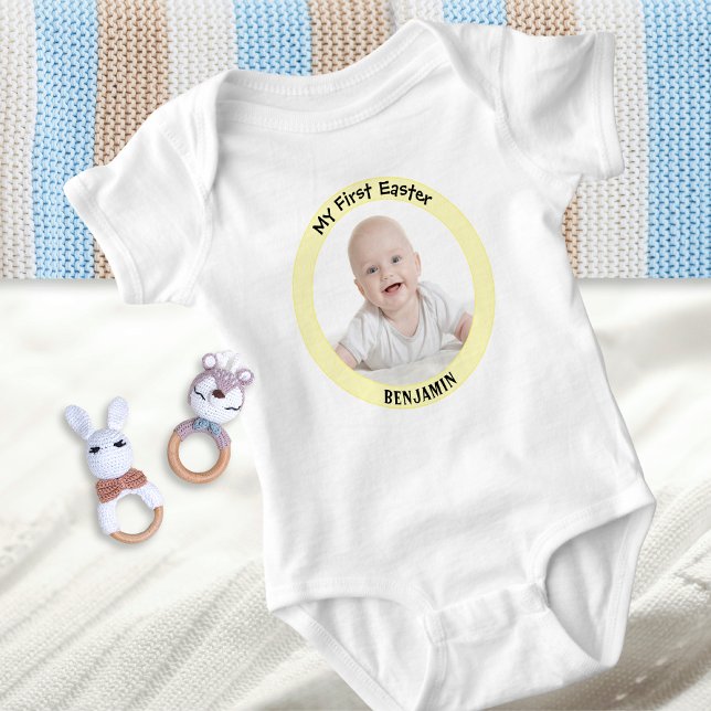 My First Easter Personalised Photo Adorable Spring Baby Bodysuit (A baby bodysuit with custom photo and baby's name, with 'My First Easter' words)
