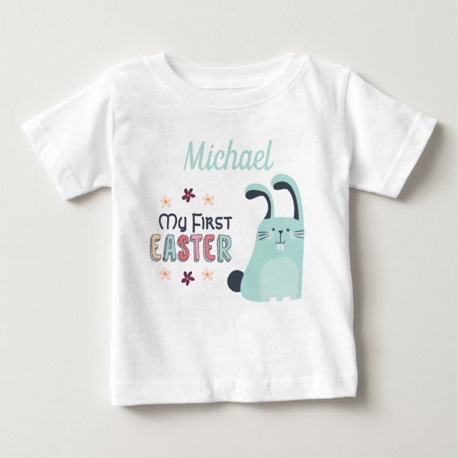 My first Easter with blue cartoon bunny and name Baby T-Shirt (Front)