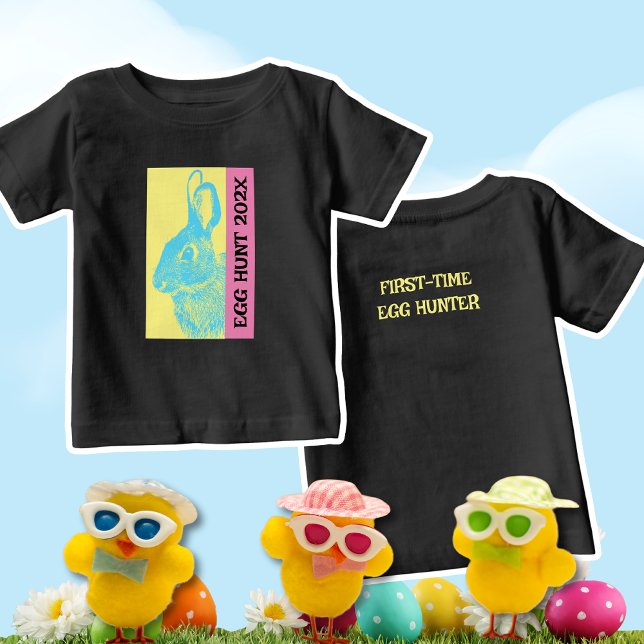 My First Egg Hunt Easter Toddler Baby T-shirt (Toddler and Baby T-shirt Egg Hunt shirt with custom text. 80s retro vibe in pastel colors)