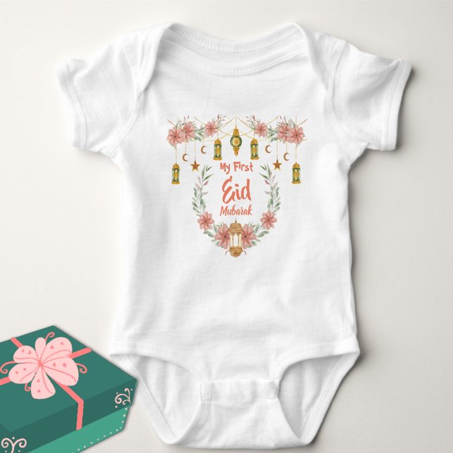 My First Eid Mubarak Cute Flowers Lamp Moon Stars  Baby Bodysuit (Creator Uploaded)