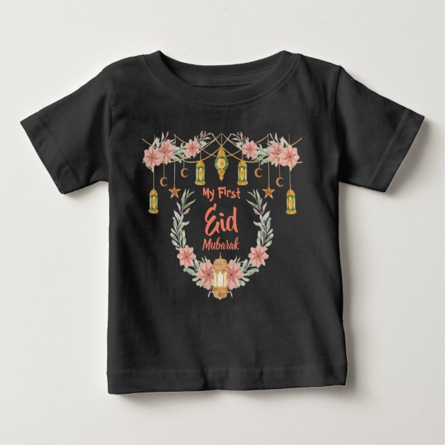 My First Eid Mubarak Cute Flowers Lamp Moon Stars  Baby T-Shirt (Front)