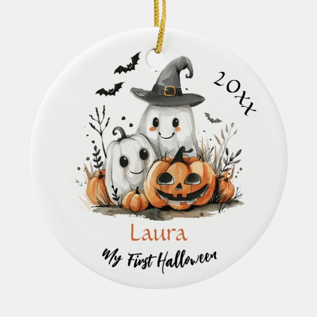 My First Halloween Cute Ghost Pumpkin Baby Name Ceramic Tree Decoration (Front)