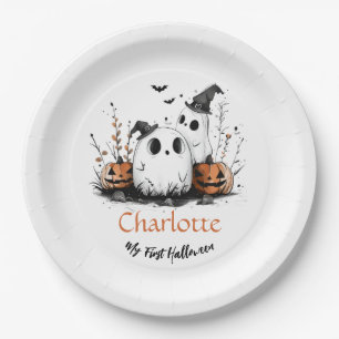 My First Halloween Cute Ghost Pumpkin Baby Name Paper Plate
