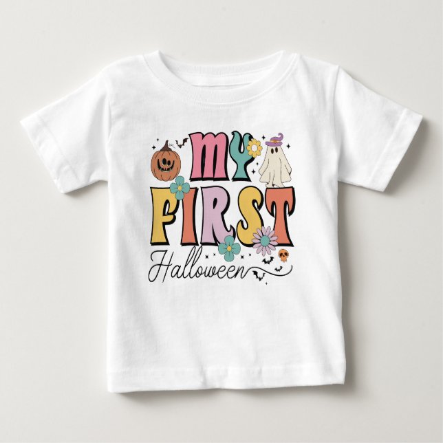 My First Halloween Cute Pumpkin Ghost Groovy Baby T-Shirt (Front)
