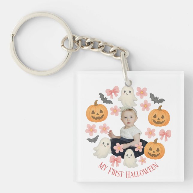 My First Halloween | Cute Pumpkin & Ghost Wreath Key Ring (Front)