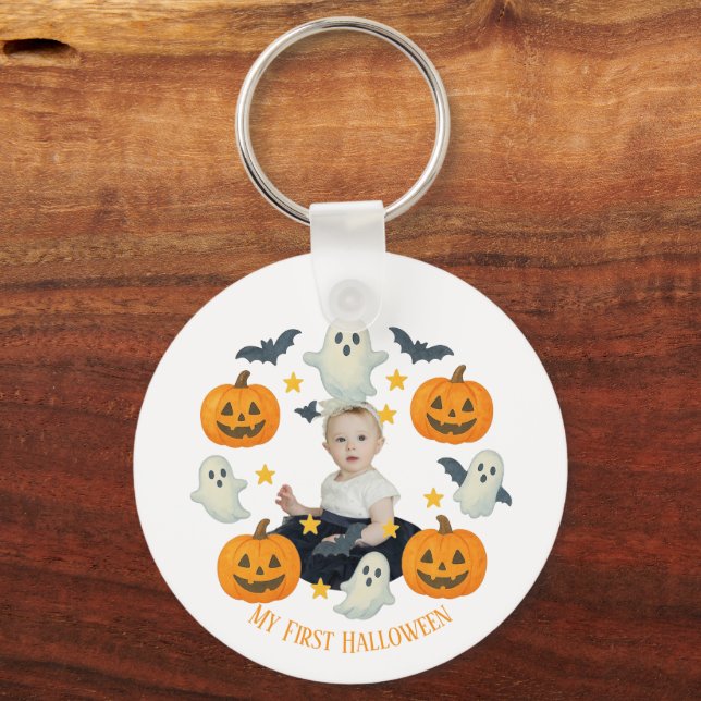 My First Halloween | Cute Pumpkin & Ghost Wreath - Key Ring (Front)