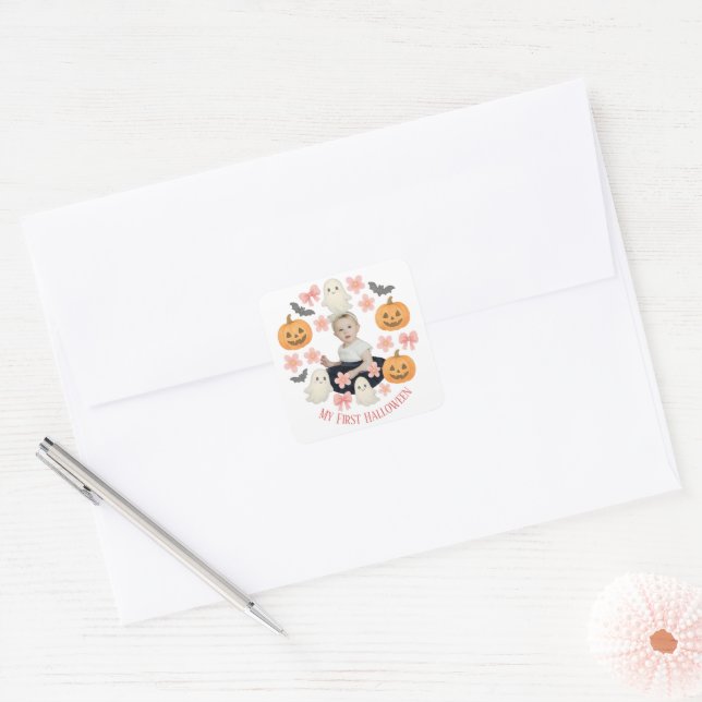 My First Halloween | Cute Pumpkin & Ghost Wreath  Square Sticker (Envelope)