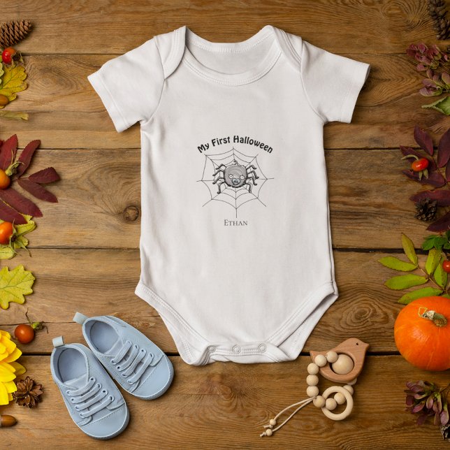 My First Halloween Cute Spider Personalised Boy Baby Bodysuit (Cute Personalized Baby Name "My First Halloween" Baby Boy Bodysuit. Hand-Drawn Cute Spider on Web.)