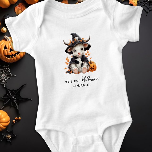 My First Halloween Personalised Cute Witch Cow Baby Bodysuit (Creator Uploaded)