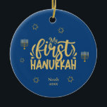 My First Hanukkah Blue, Star, Menorah Ceramic Tree Decoration<br><div class="desc">Celebrate the joy of the first Hanukkah with a special, personalised photo of your newborn! This unique design features elegant colours of blue and golden with Stars of David, a menorah, and typography. Easily change the text by clicking on the "personalise this template" option. Check out this collection for matching...</div>