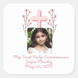 My First Holy Communion Custom Photo Floral  Square Sticker