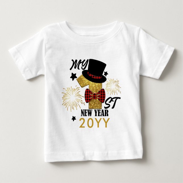 My First New Year Cute Baby Boy Gold Glitter Baby T-Shirt (Front)