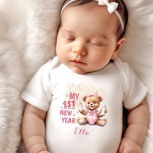 My First New Year Girl Name Funny Pink Bear Baby Bodysuit