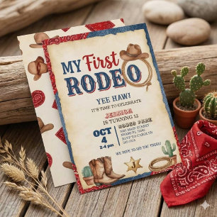My First Rodeo 12th Birthday Cowboy Cowhide  Invitation