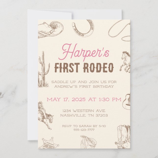 My First Rodeo 1st Birthday Invitation Pink Girl (Front)