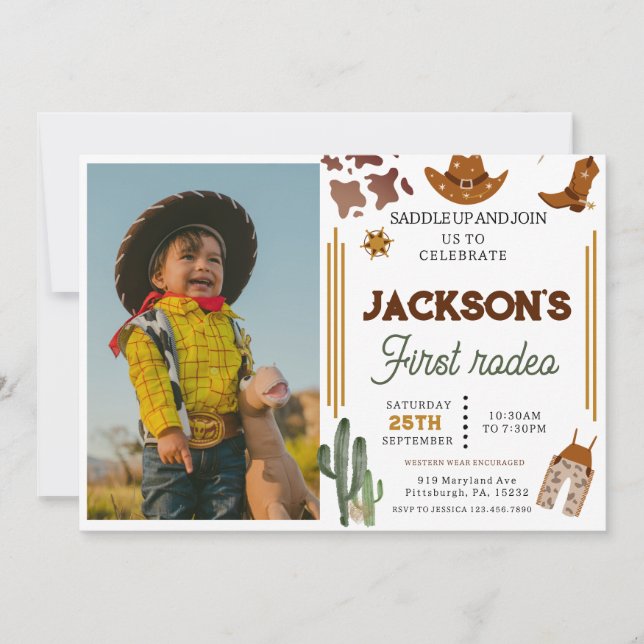My First Rodeo Cowboy photo 1st Birthday Invitation (Front)