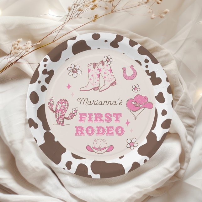 My First Rodeo Cowgirl pink brown birthday party Paper Plate (Creator Uploaded)