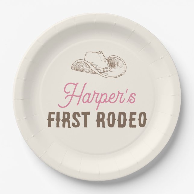 My First Rodeo Personalised Pink Cowgirl Birthday Paper Plate (Front)