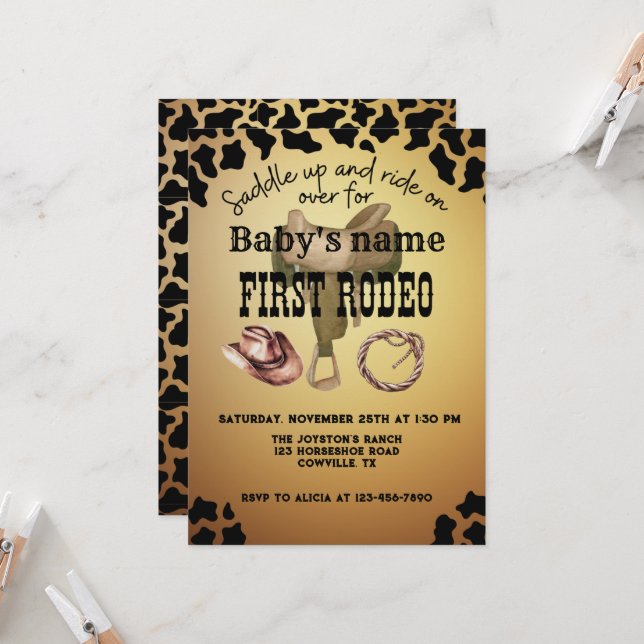 My First Rodeo Saddle Up Cow Print Brown Invitation (Front/Back In Situ)