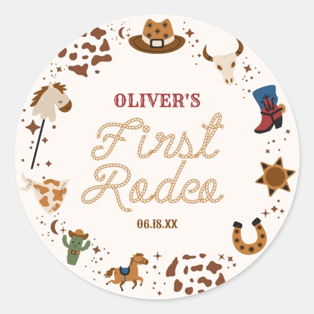 My First Rodeo Western Cowboy 1st Birthday Party Classic Round Sticker (Front)
