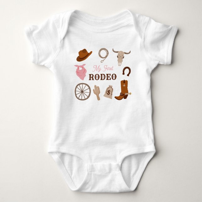 My First Rodeo Western Cowgirl First Birthday Pink Baby Bodysuit (Front)