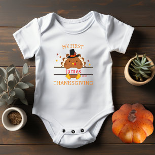 My First Thanksgiving Add Name add Year white   Baby Bodysuit