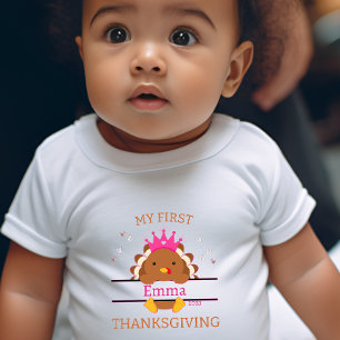 My First Thanksgiving Add Name Year white girl's Baby Bodysuit