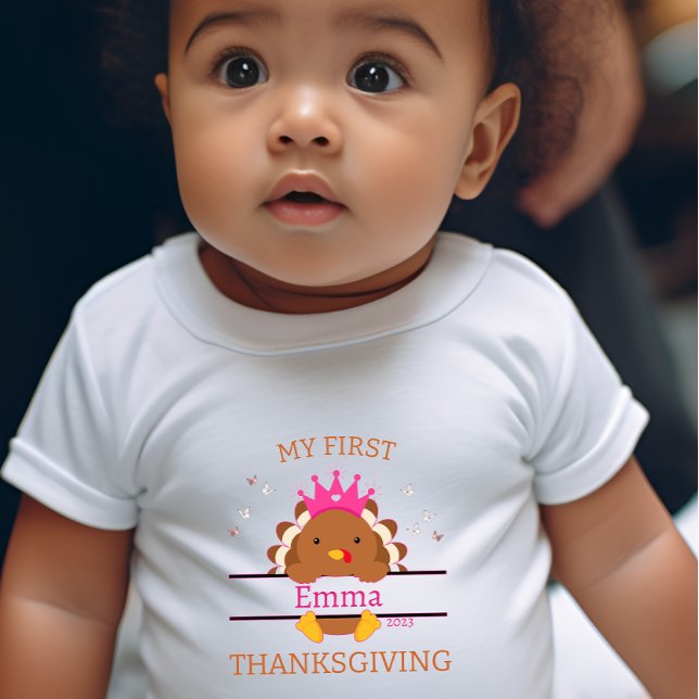 My First Thanksgiving Add Name Year white girl's Baby Bodysuit (Creator Uploaded)